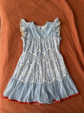 Anthropologie THML Tiered Ruffle Shift Dress S Blue White Ruffle Summer Preppy
